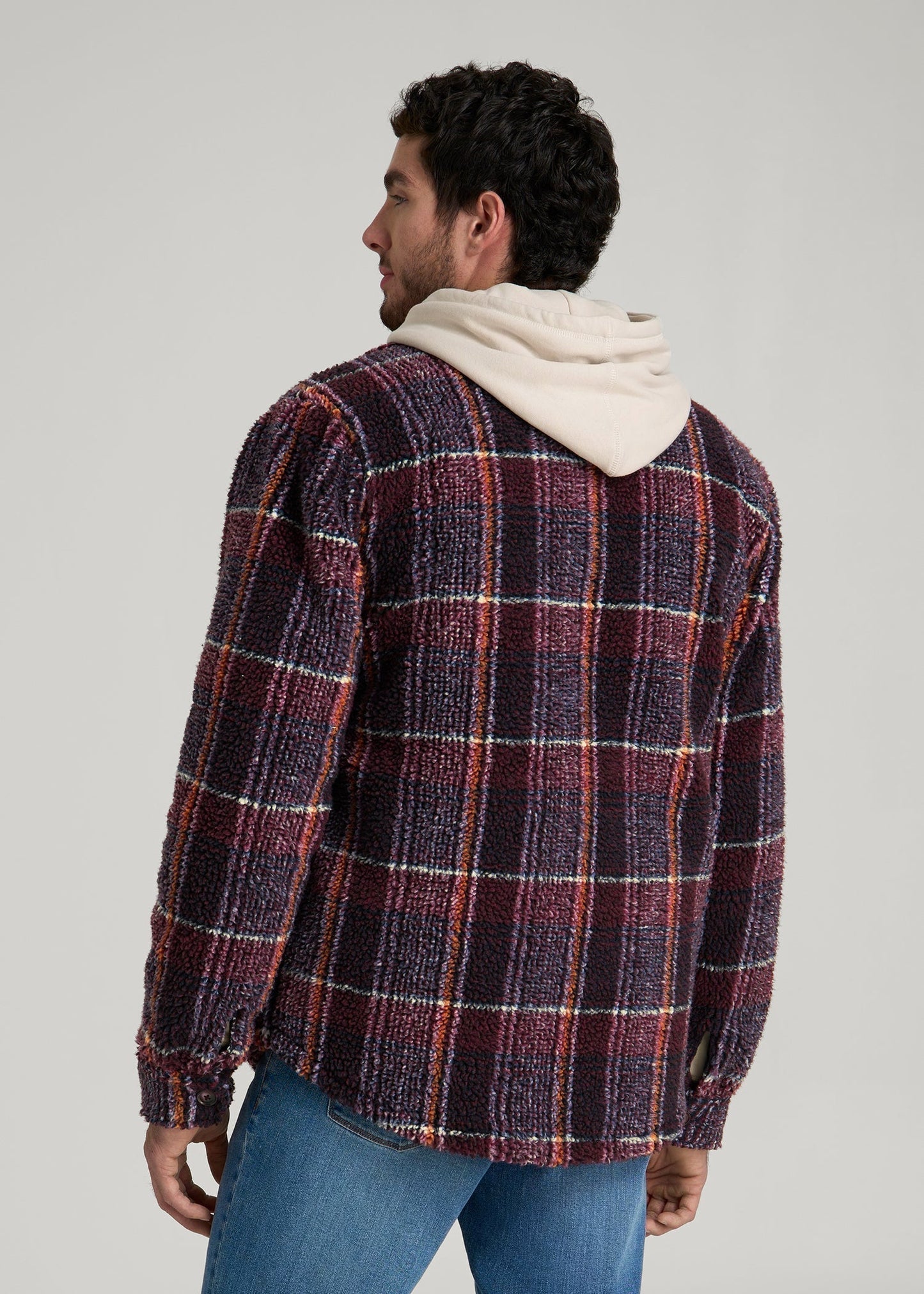 Sherpa Shirt Jacket for Tall Men in Burgundy and Navy Plaid