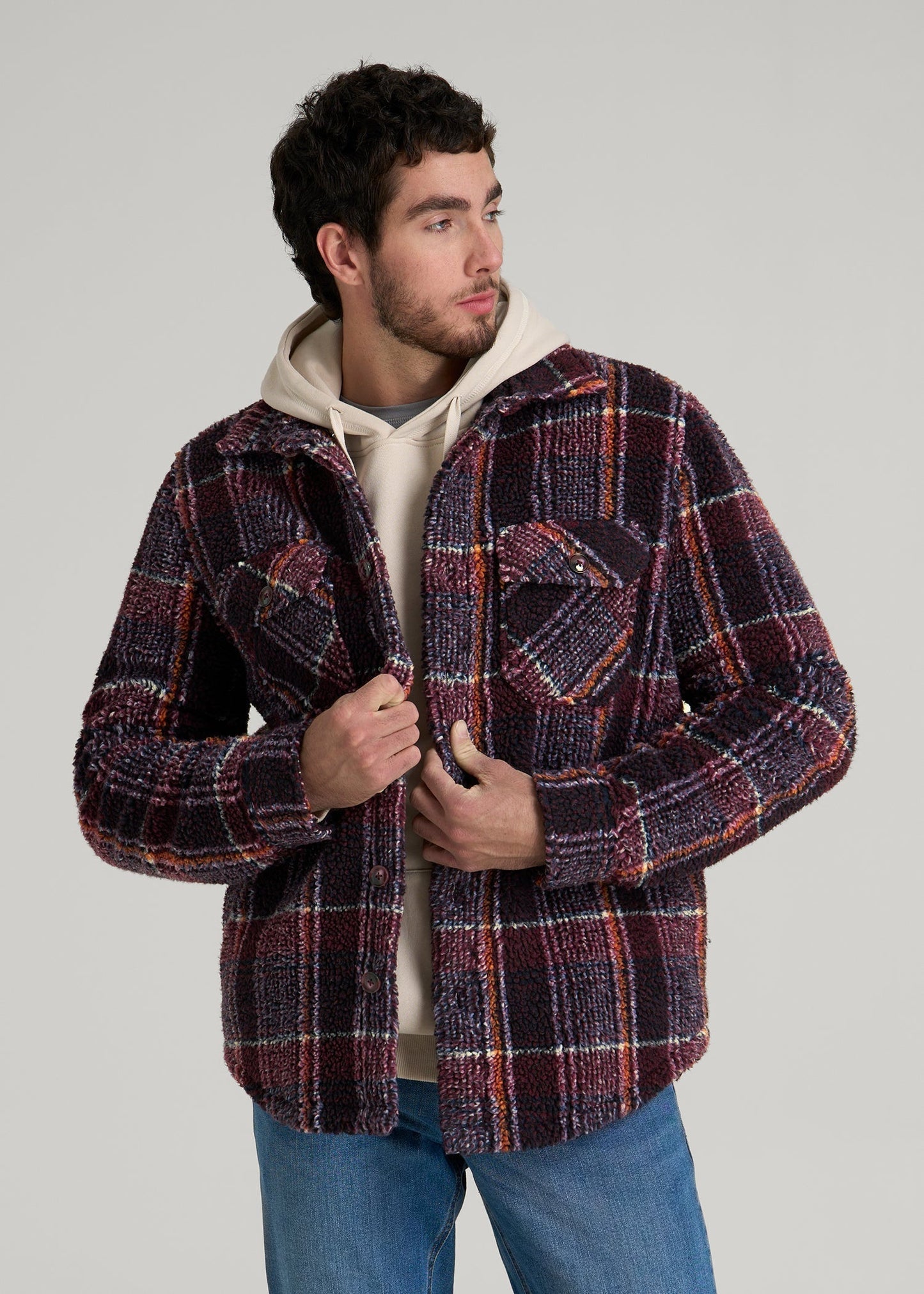 Sherpa Shirt Jacket for Tall Men in Burgundy and Navy Plaid