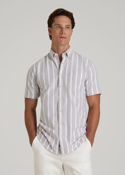 Short Sleeve Oxford Button Shirt For Tall Men in Bold Grey Stripe