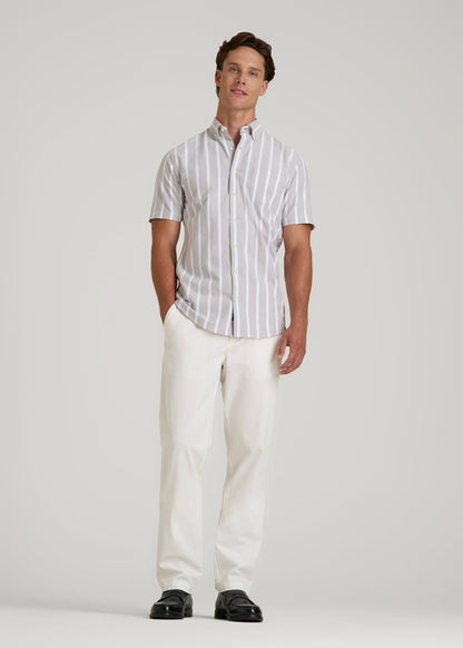 Short Sleeve Oxford Button Shirt For Tall Men in Bold Grey Stripe