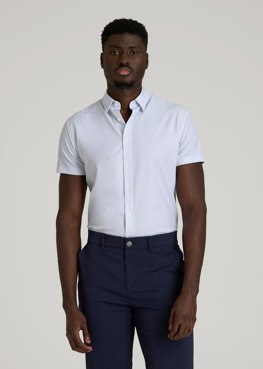 Short Sleeve Traveler Stretch Button Shirt for Tall Men in Light Grey Chevron