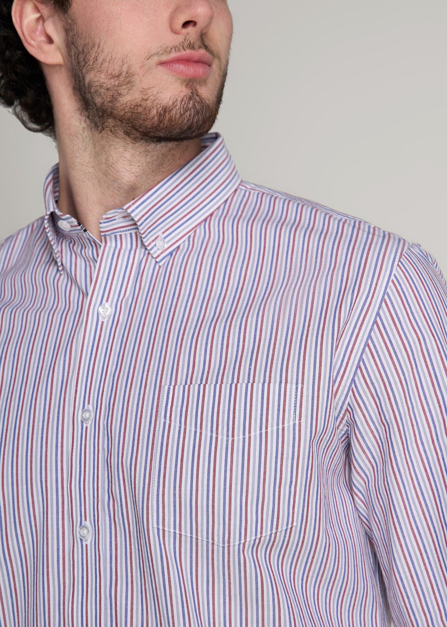 Soft-Wash Button-Up Shirt for Tall Men in Red and Blue Multi Stripe