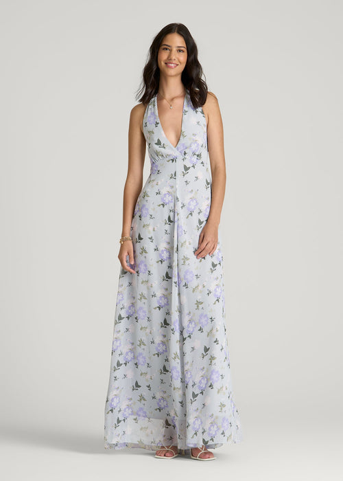 Chiffon Maxi Halter Garden Dress for Tall Women in Grey and Lilac Floral
