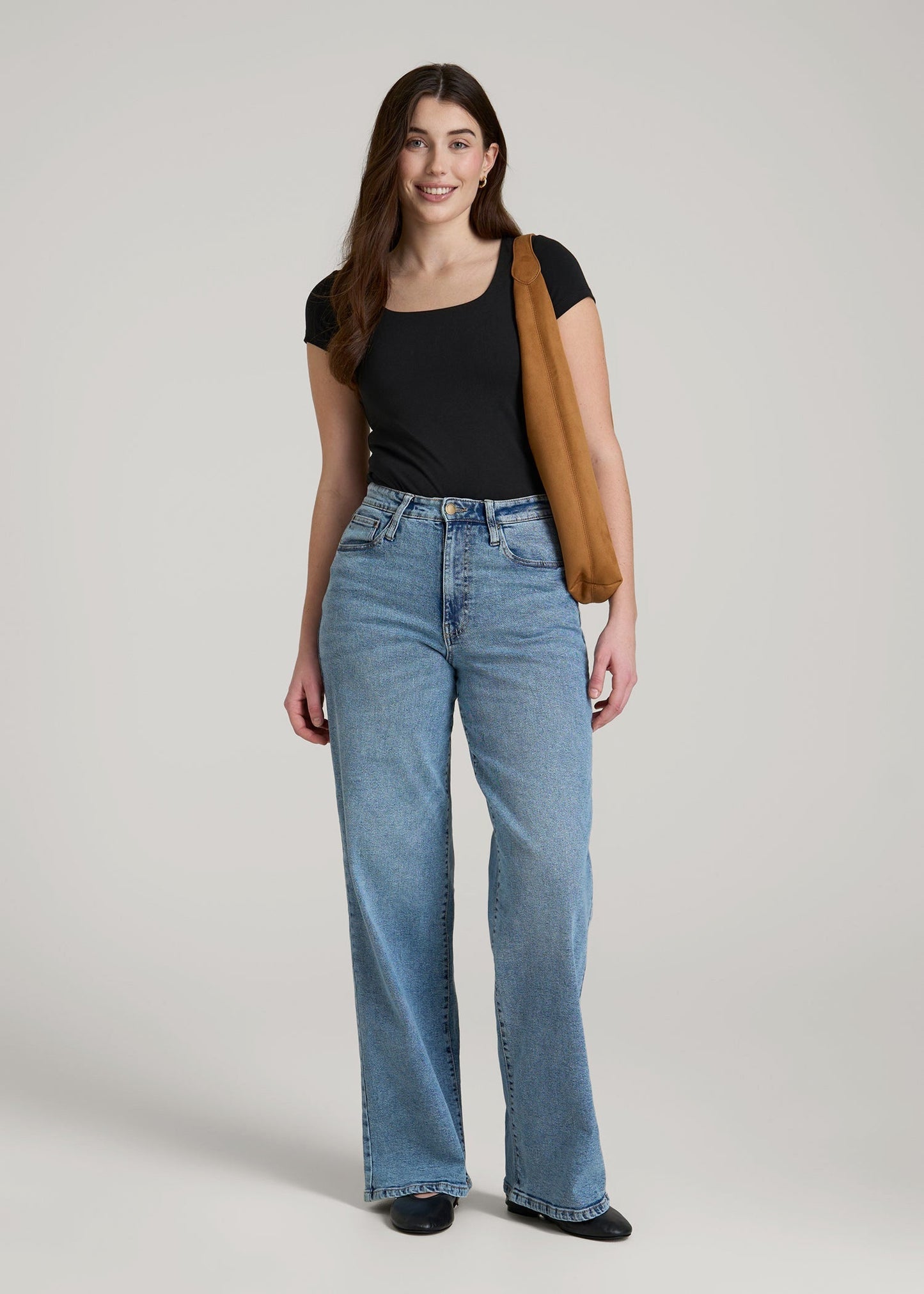 Cotton Blend Short Sleeve Square Neck Bodysuit for Tall Women in Black