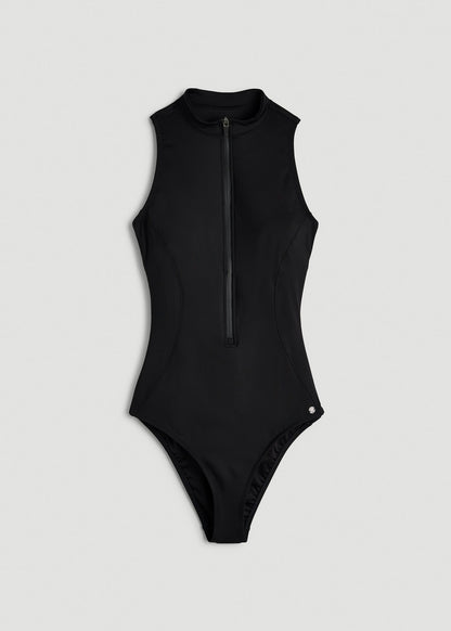 Quarter Zip Cinched One Piece Swimsuit for Tall Women in Deep Black