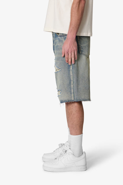 Baggy Ripped Denim Shorts - Vintage Blue