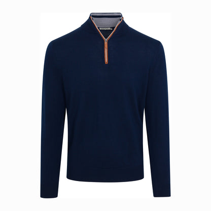 Navy with Brown Suede Trim Cashmere Touch Australian Merino Quarter Zip Sweater