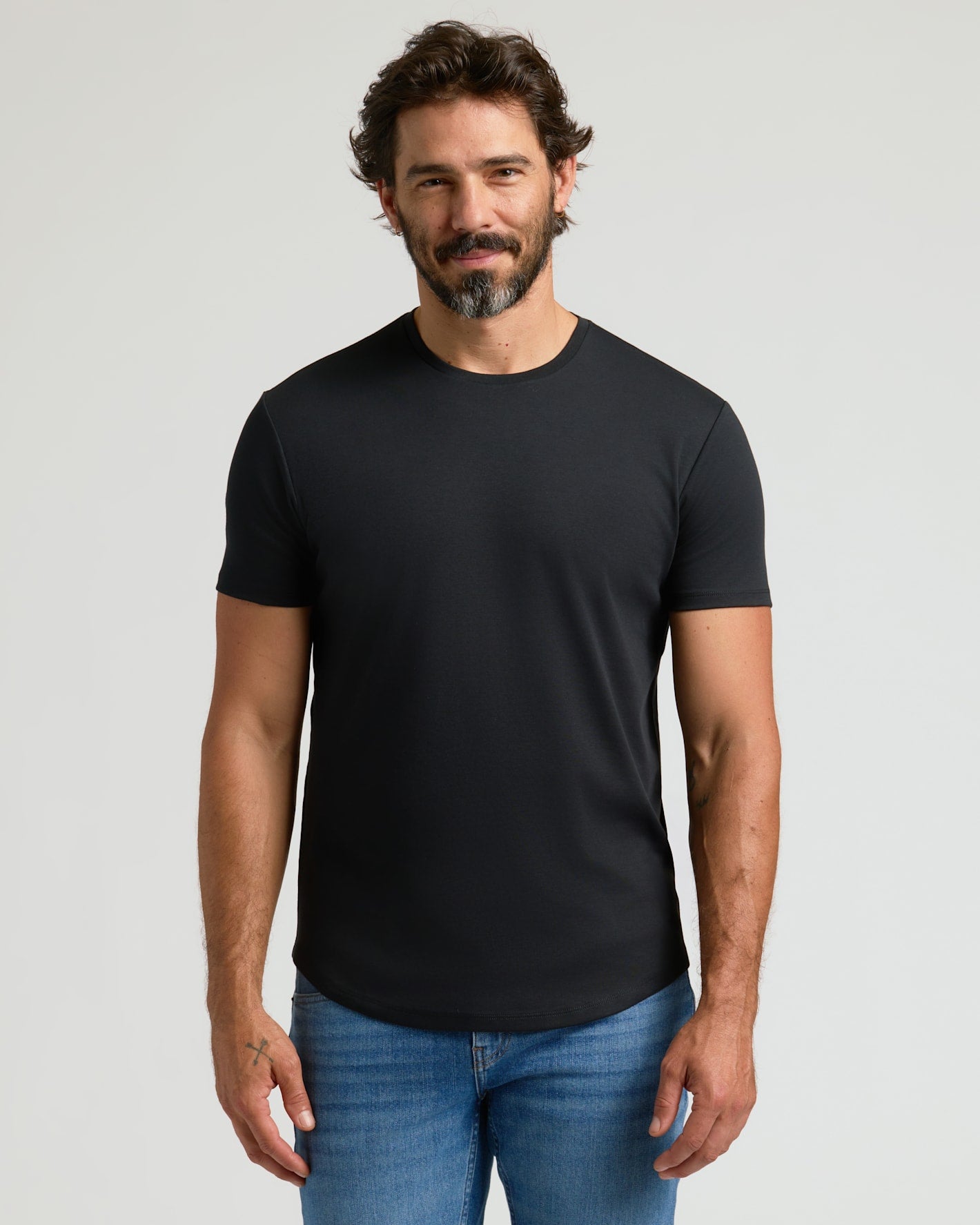 Black Pima Cotton Blend Curved Hem Crew