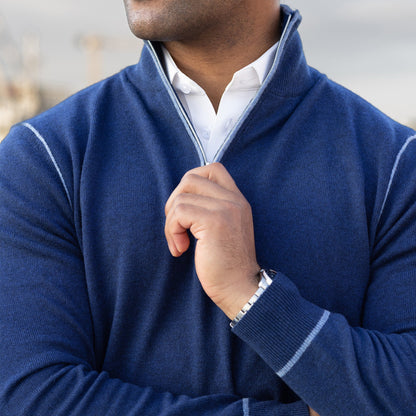 Napoli Accent Quarter Zip Wool & Cashmere Sweater Navy