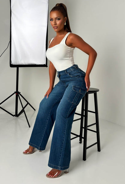 Denim Revolution Dark Wash Cargo Denim Wide Leg Jeans