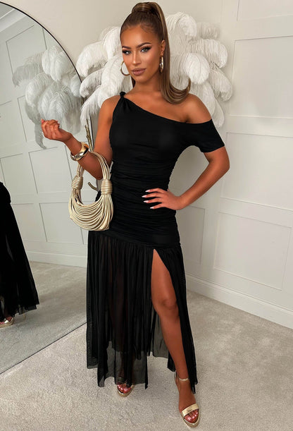 Eternal Romance Black Off The Shoulder Ruched Maxi Dress